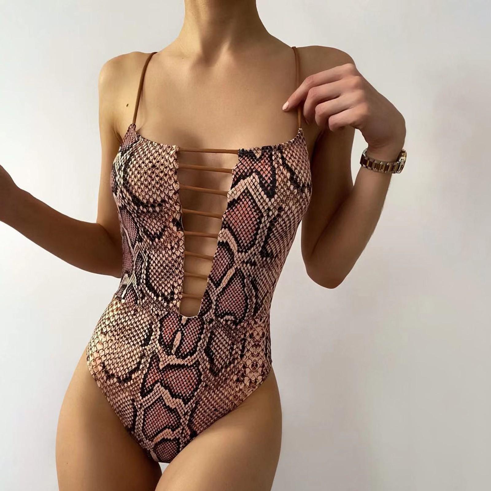 

Женский сексуальный цельный купальник со змеиным принтом и полой веревкой S коричневый