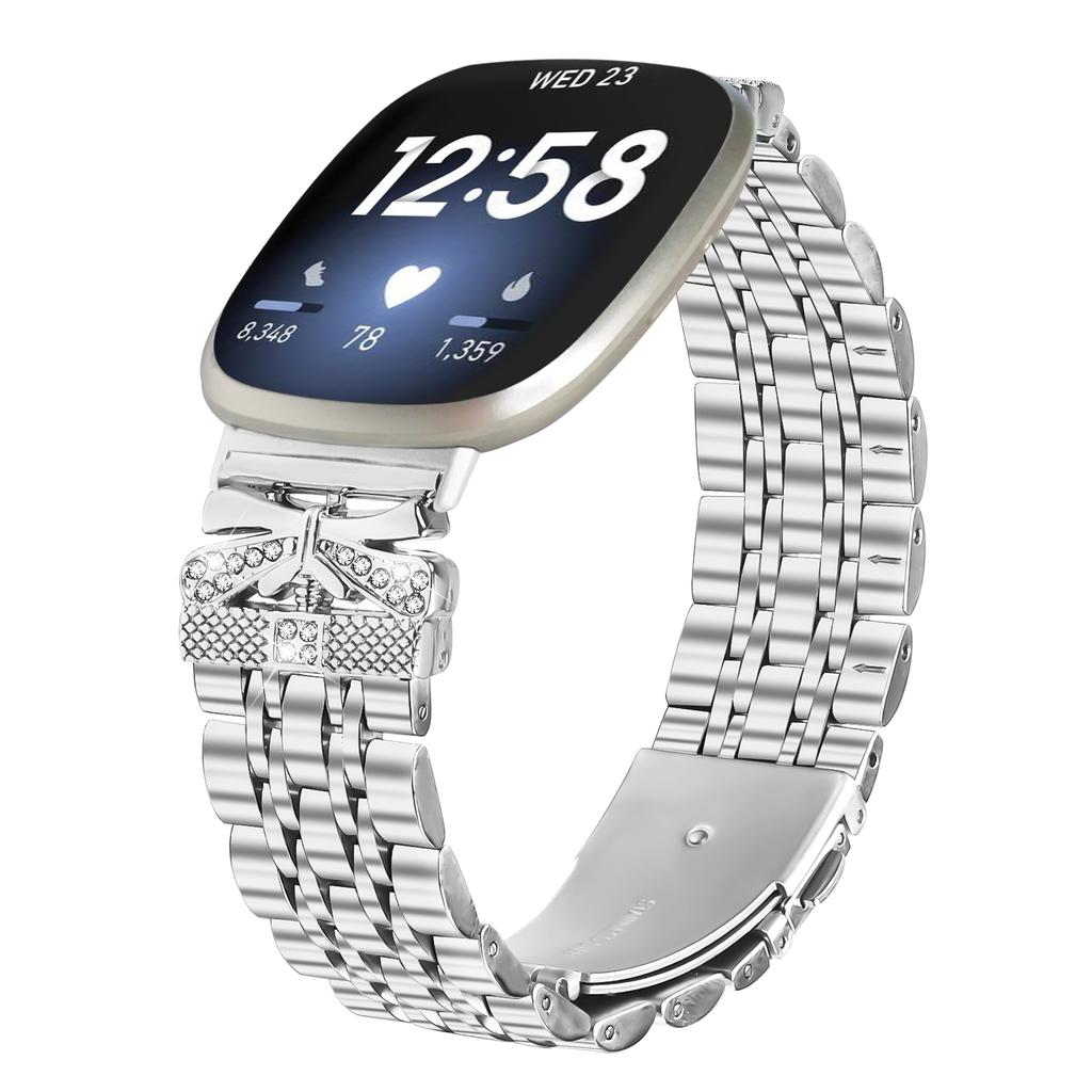 For Fitbit Versa 3/Sense Metal Watch Band Rhinestone Butterfly Decor Stainless Steel Silver Wrist Band