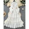 Accessible Luxury French Style Fancy Stand Collar Dress Female Lantern Sleeve Embroider Lace-up Waist-Controlled Design Graceful Long Expansion Skirt
