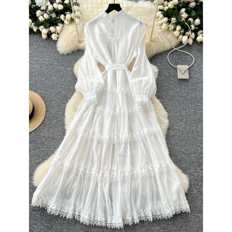 Accessible Luxury French Style Fancy Stand Collar Dress Female Lantern Sleeve Embroider Lace-up Waist-Controlled Design Graceful Long Expansion Skirt