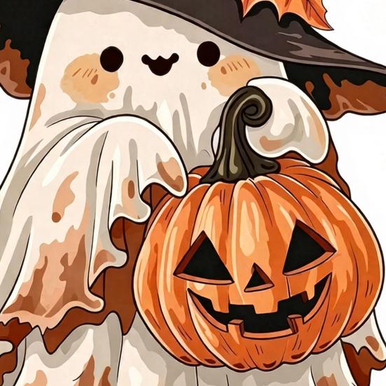 Rustic Autumn Table Centerpiece Halloween Wooden Ghost Ornament with Pumpkin Pattern, Double Sided Desktop Decoration, Cute Figurine Spooky