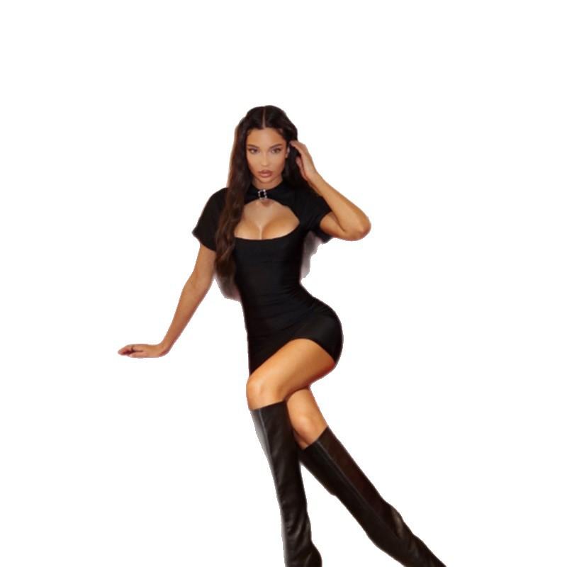 Summer women's clothing temperament Qianjin style sexy hollow slim fit fashion solid color versatile dress short