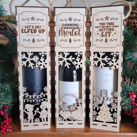 1/3Pcs Christmas Wooden Wine Box Easy Assemble Laser-Cut Snowflakes Festive Design Wine Gift Box Holiday Decoration