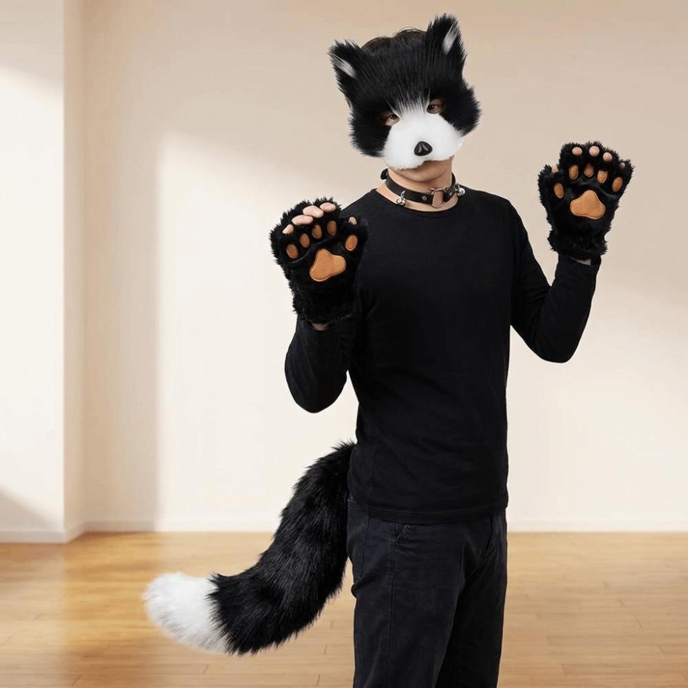 Faux Fur Animal Costume Set Funny Tail Mask Paw Gloves Full Set Plush Cosplay Mask Halloween
