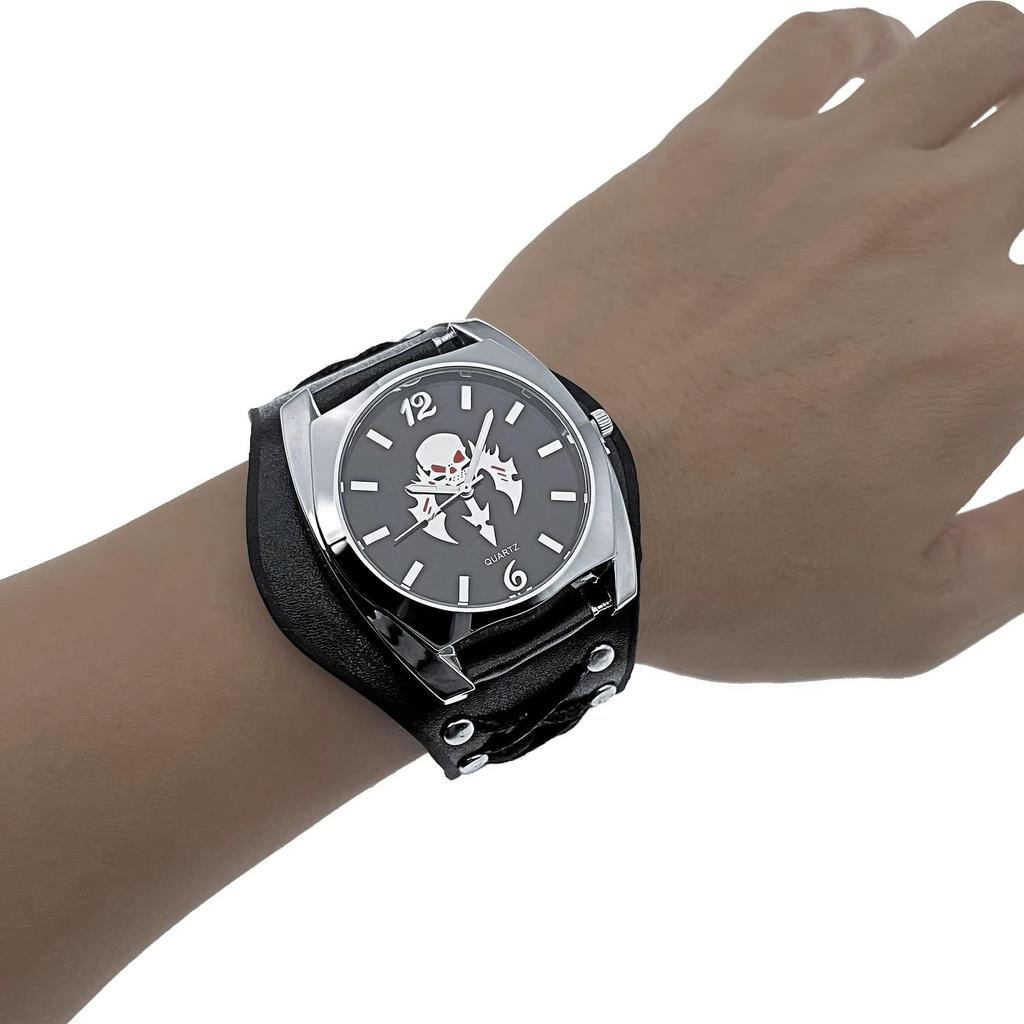 New Design Watch Button Leather Strap Skull Quartz Punk Rock Gothic Wristwatch Unisex Men Women Birthday Christmas Halloween Good Gifts