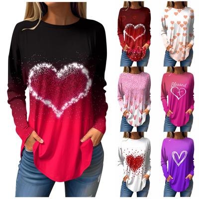 Women's Loose Fit Pullover Long Sleeve Top Heart Print Crew Neck Casual Shirt Tunic