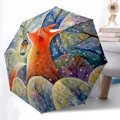 1pc Winter Fox Auto Open/Close Umbrella, Windproof, Folding Compact Umbrella with Lightweight Design for Women/Men049