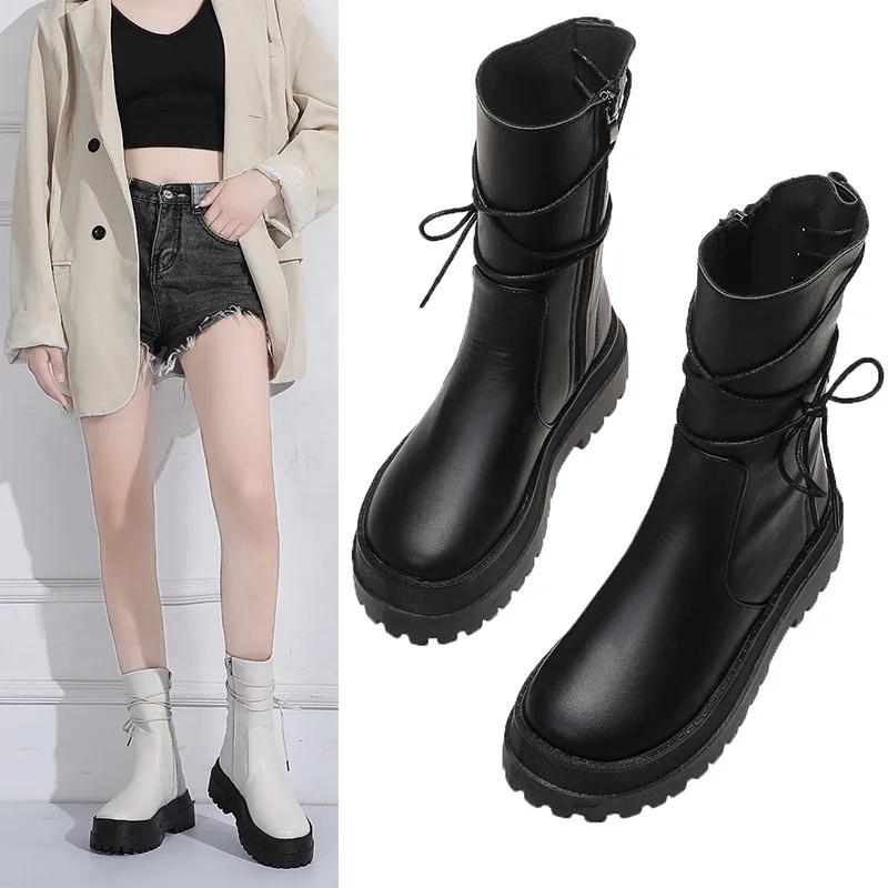 Women Boots  New Leather Thick-soled 6 Boots Women's Short Boots Side Zipper Rider Boots Back Lace Mid-tube Boots