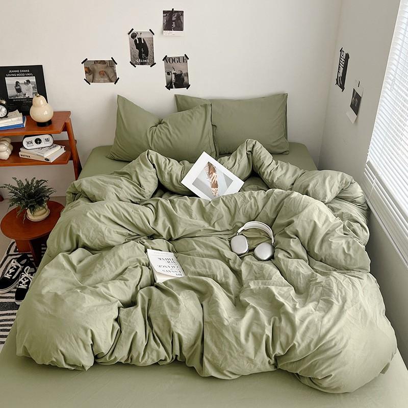 Washed Cotton Bedding Set Solid Color Brushed Bed Sheets Dorm Home