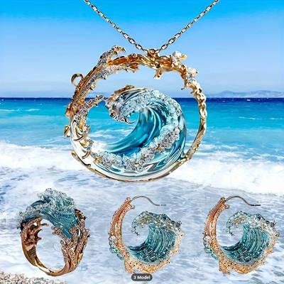 Ocean-Inspired Jewelry Bohemian Style Blue Wave Necklace Earrings & Ring Ideal For Daily & Party Wear Perfect Gift For Her