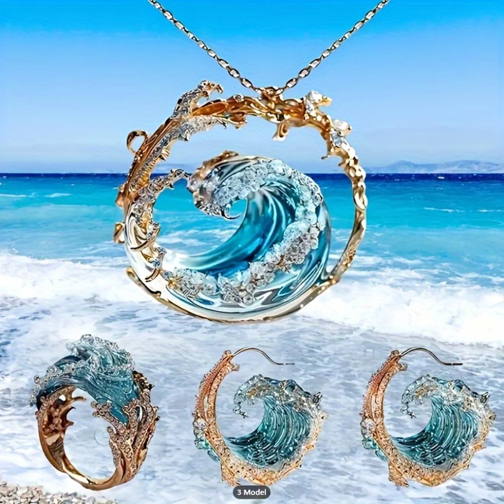 Joyería Inspirada en el Océano Estilo Bohemio Collar de Olas Azules Pendientes y Anillo Ideales Para el Uso Diario y Fiestas Regalo Perfecto Para Ella