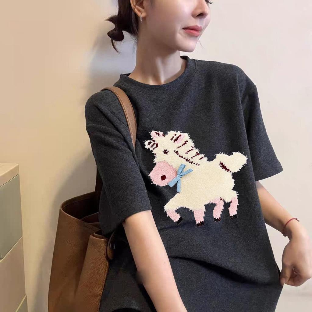2026 Korean Retro Short Sleeve Women's T-Shirt with Small Horse Print - Trendy Round Neck Half Sleeve Top