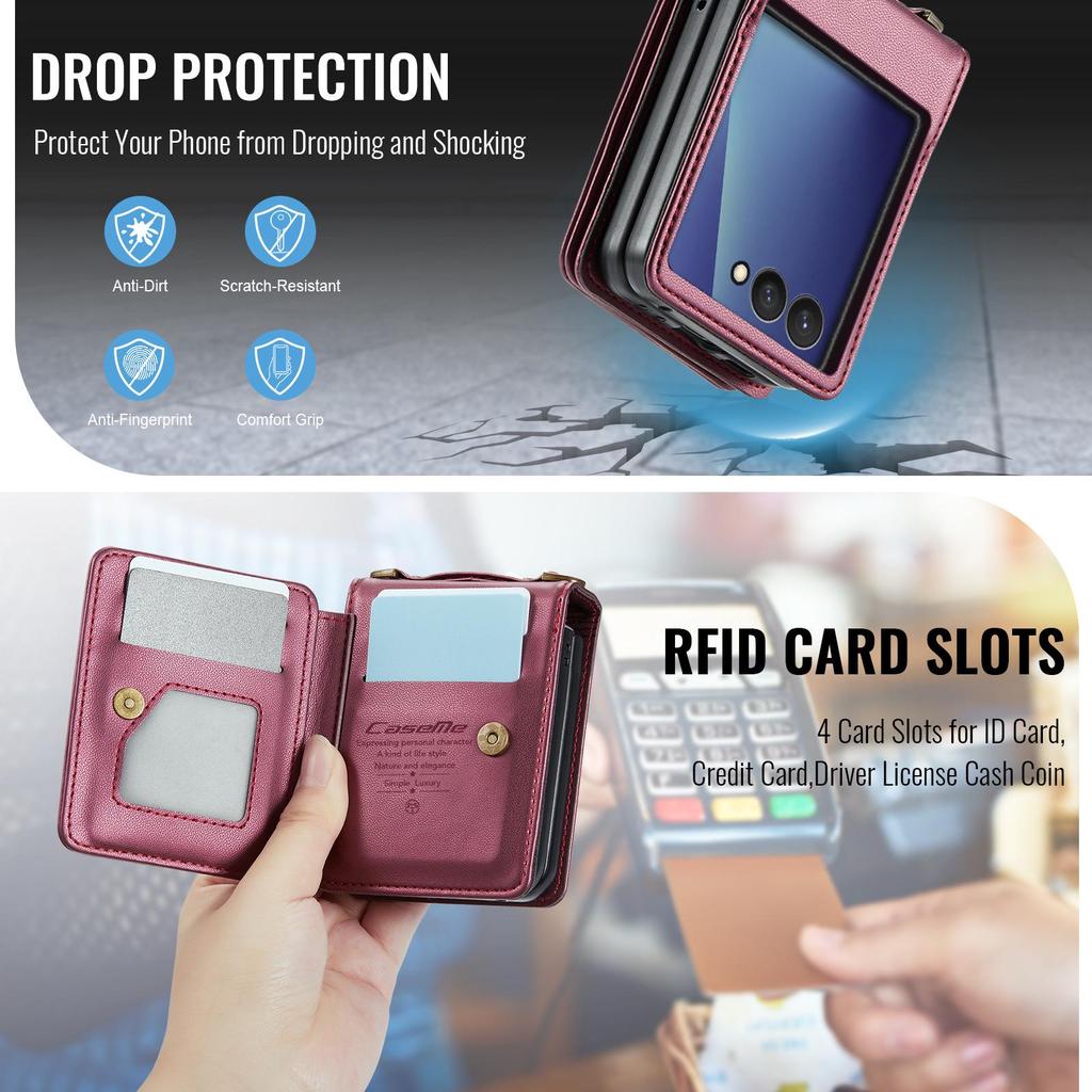 Samsung Galaxy ZFlip7/6/5 Leder Handyhülle mit Umhängeband und Kartenhalter