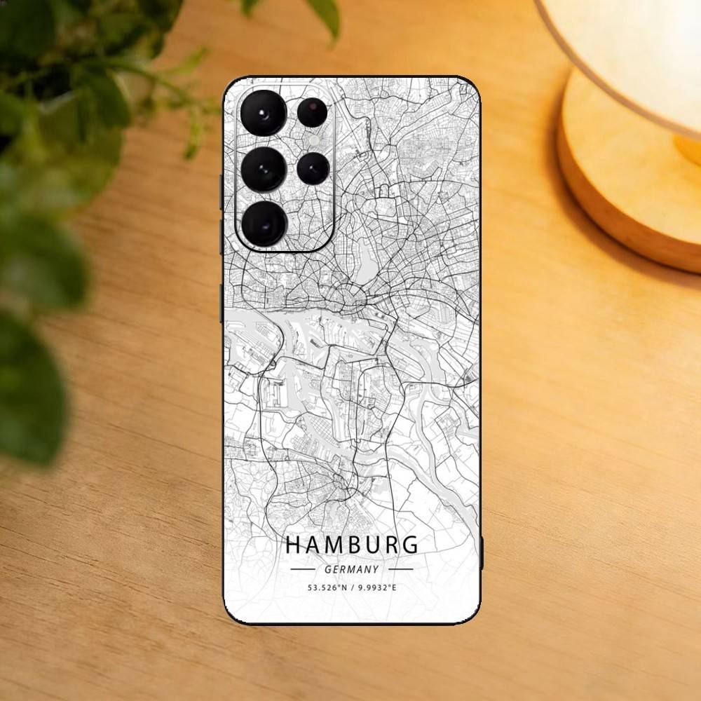 Famous City Sketch City Map Phone Case For Samsung S25,S24,S21,S22,S23,S30,Ultra,S20,Plus,Fe,Lite Black Shell