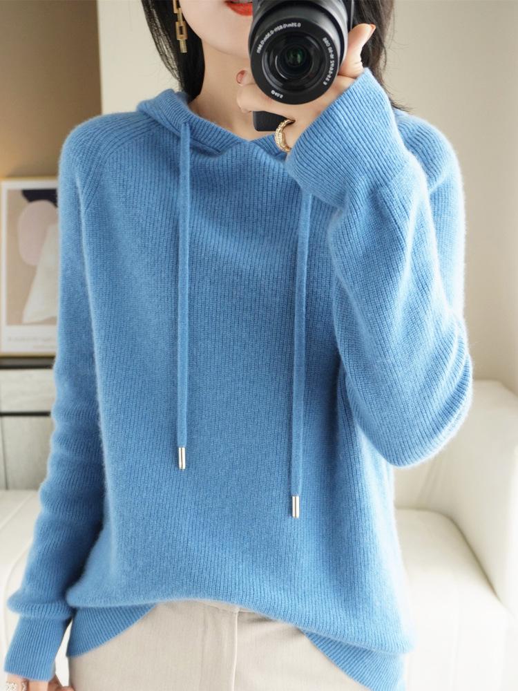Women's Lace-up Knit Hoodie: Spring/Autumn Long Sleeve Loose Pullover Sweatshirt