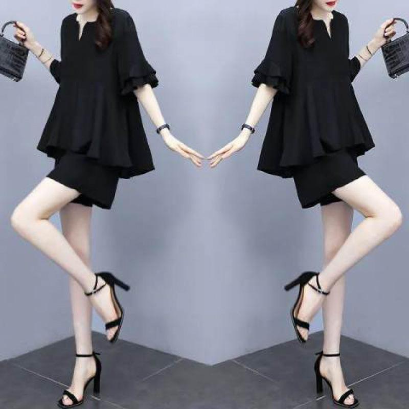 Fat Fashion Suit, Summer Style, Age-reducing, Plus-size Women's Clothing To Cover Belly, Slimming, Casual Two-piece Set