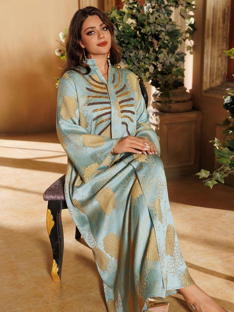 AB402 V-Neck Jacquard Beaded Dubai Dress - Women's Middle Eastern Muslim Robe