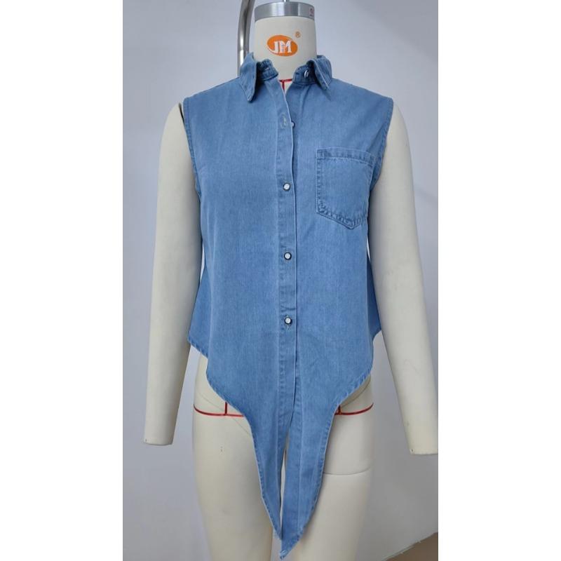 Summer Fashion Thin Sleeveless Denim Shirt Lace-up Elegant Women Lapel Pocket Summer Short Top Slim Fit Casual Simple Loose Office Women's Clothing