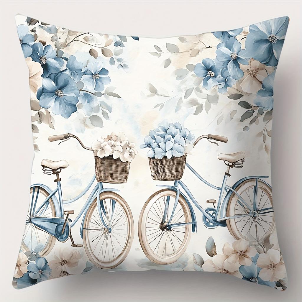 Blue Floral Patterned Cushion Covers With Cottage Scenes Polyester pillowcase, sofa decorative cushion cov Headboard Pillow
