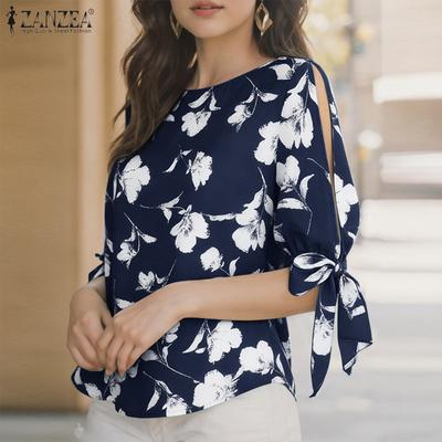 Women Casual Round Neck Lace-Up Half Sleeve Print Blouse