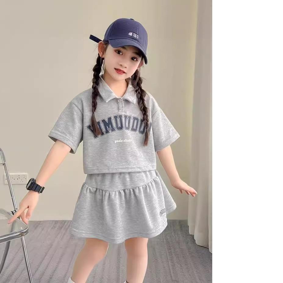 

Летняя рубашка-поло для девочек, короткая юбка, модный костюм, детский летний костюм из двух частей для маленьких девочек в корейском спортивном стиле 140
