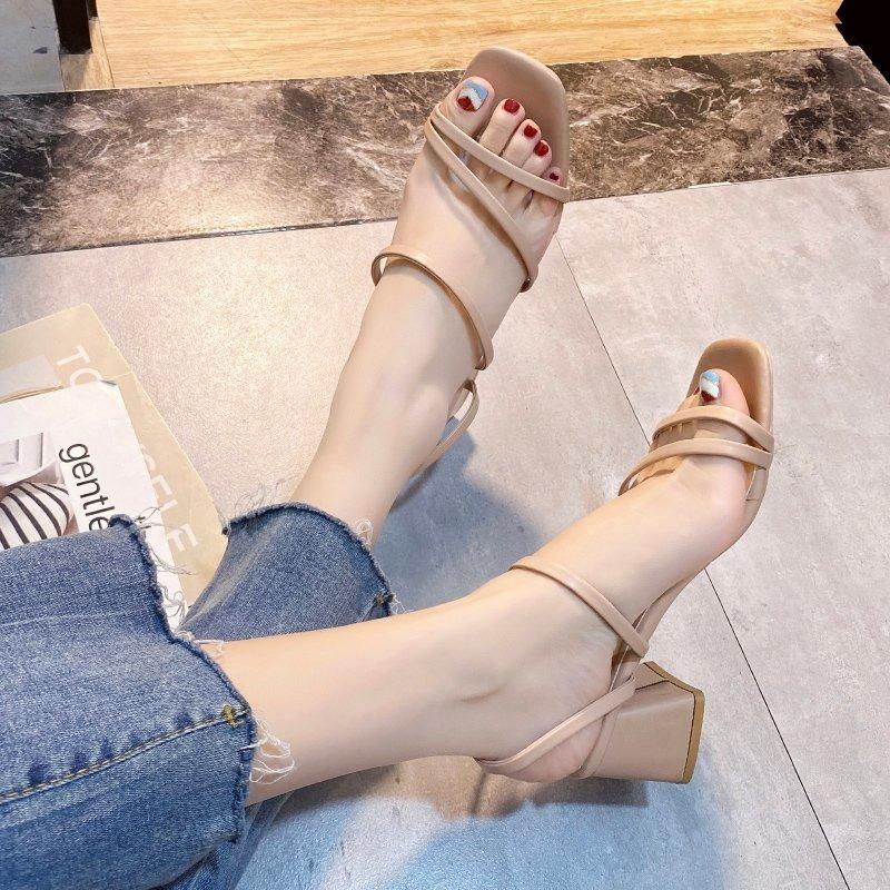 Black Thin Strap Sandals Women's 20 New Medium Heel Cool Slippers Women's Thick Heel with Women's Shoes