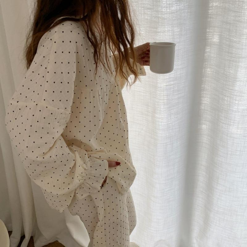 Women Cute Long-Sleeved Trousers Curry Polka Dot Printed Nightwear Homewear Spring and Fall Ladies Casual Sleepwear Loungewear