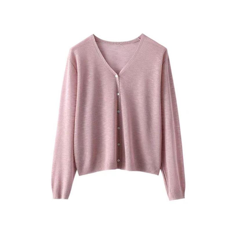 Women V Neck Thin Semi Sheer Knit Cardigan Long Sleeve Single Breasted Sun Protection Casual Knitted Outerwear