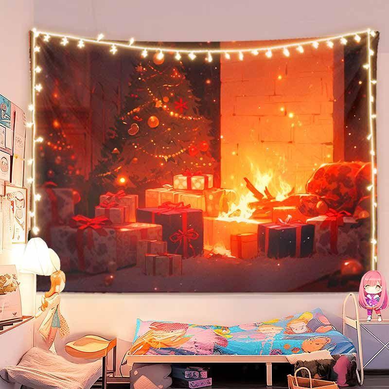 Vintage Christmas Living Room Wall Tapestry Big Tree Fireplace Sofa Gift Warm Light Cozy Holiday Aesthetic Home Decor