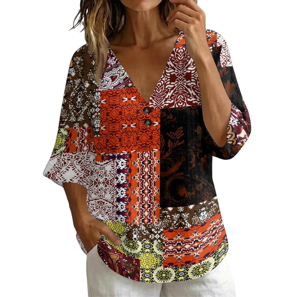 Women's Vintage Floral Print V Neck Short Sleeve Loose Fit T Shirt Made with Linen Blend Fabric Casual Summer Top for Daily Wear