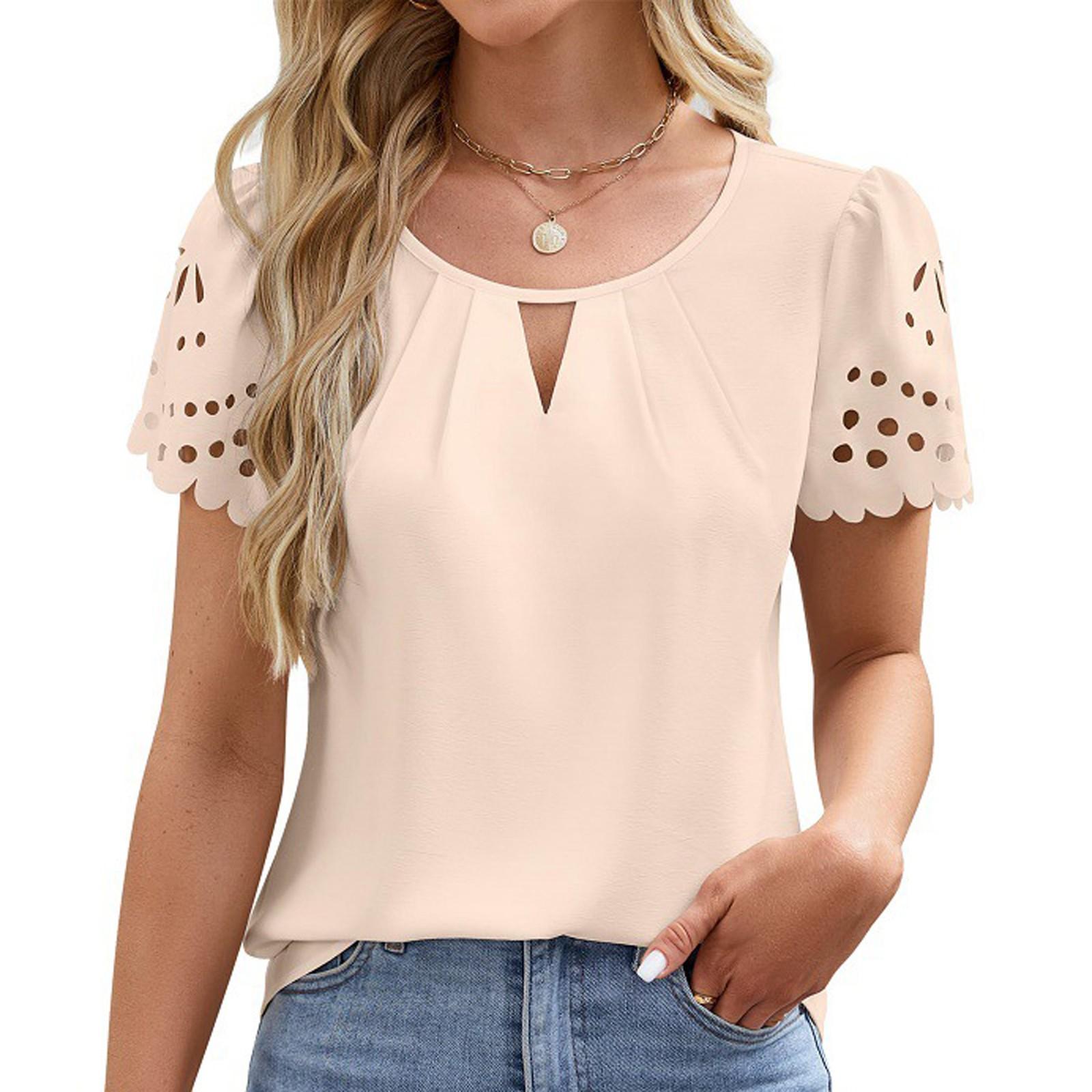 

Women s Fashionable Casual Color V-Neck Hollow Lace Short Sleeved Top Short Sleeved Top L бежевый
