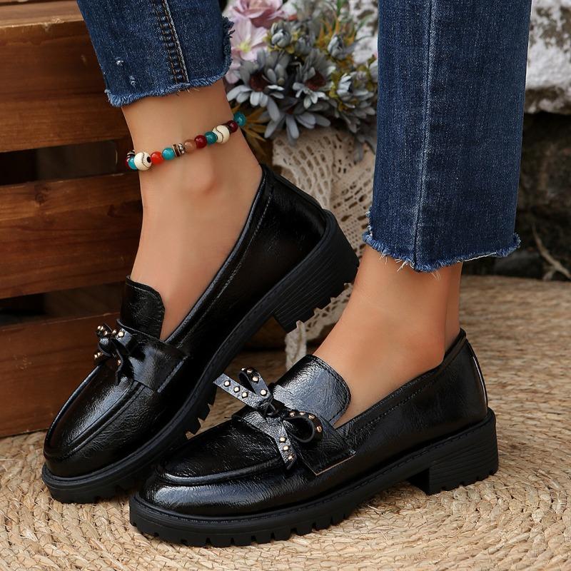 Fashion Loafer Women's Autumn New Round Toe Deep Mouth Rivet Bow Platform Non-Slip Wear-Resistant Medium Heel Single Shoes