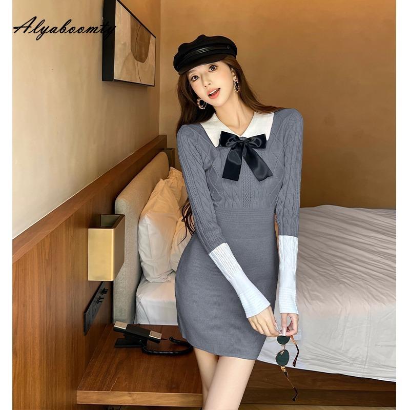 French Style Autumn Winter Women Mini Sweater Dress Peter Pan Collar Pink Gray Bow Knitting Bodycon Dress Warm Knitted Slim Sweet Short Dress