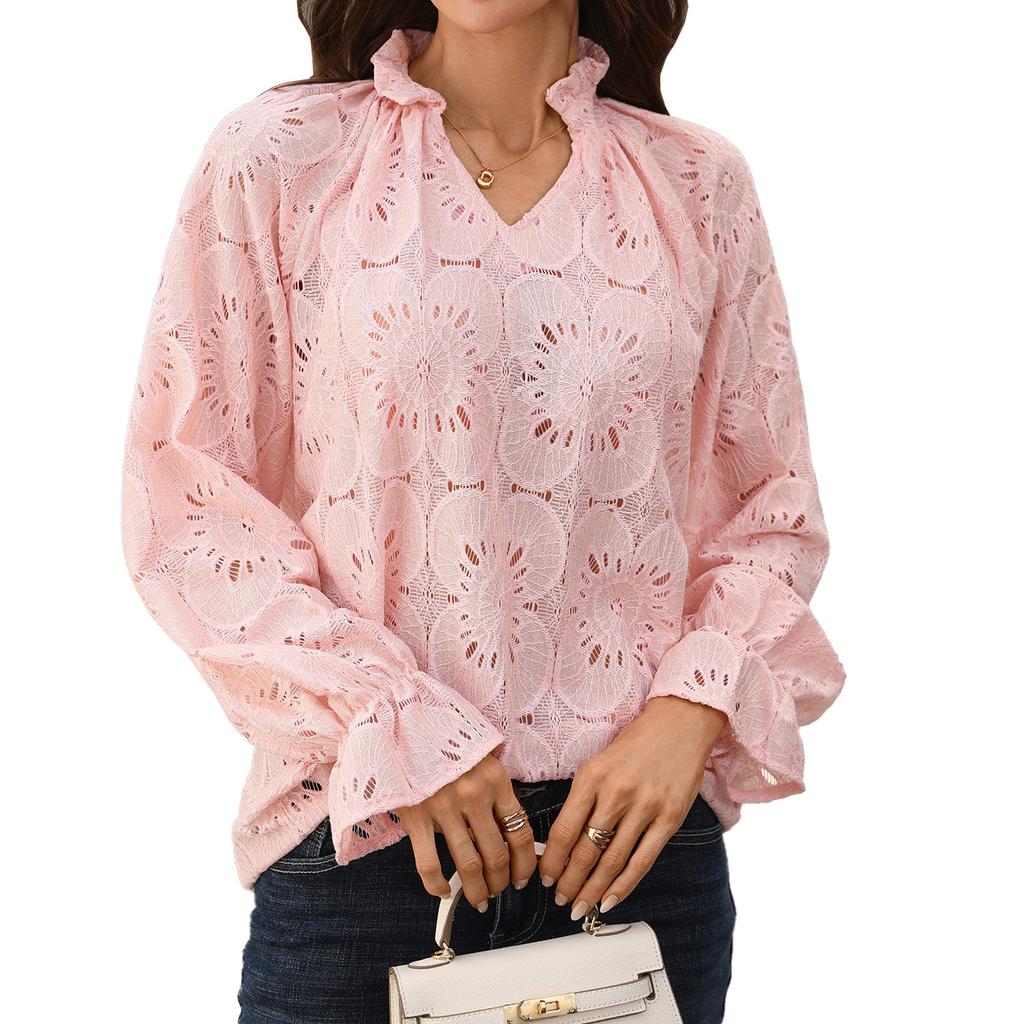 New Autumn-winter Pure-color V-neck Loose Casual Long-sleeved Lace Top for Women