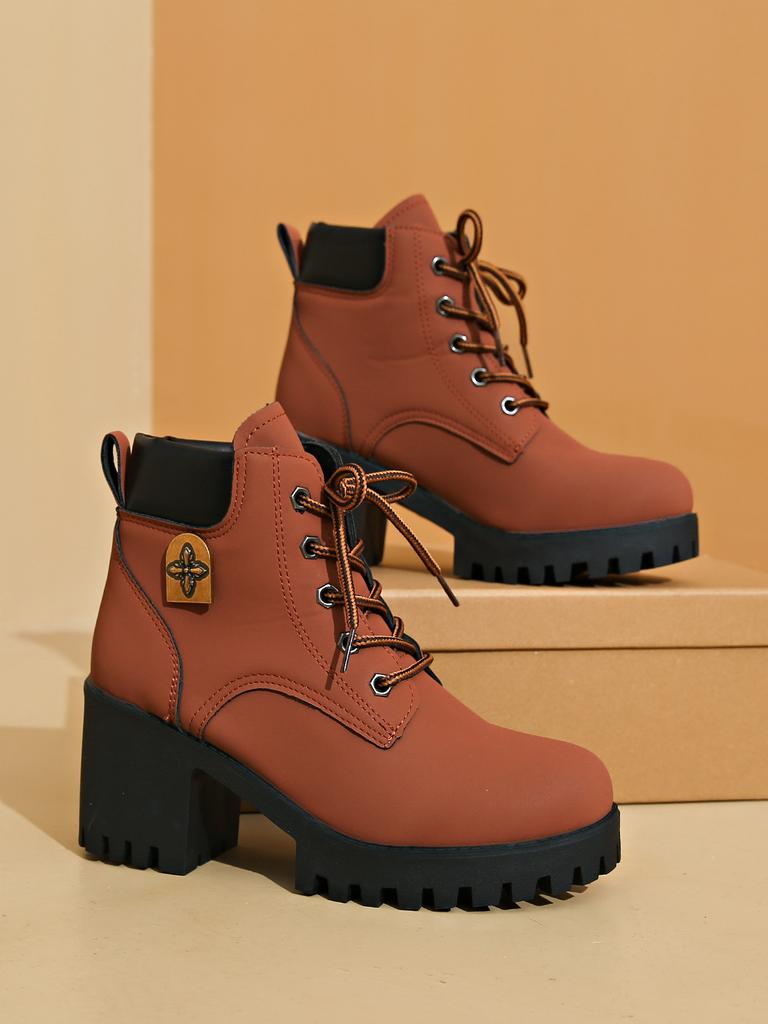 Neue Mode Plateaustiefel für Damen Retro Runde Spitze Grober Absatz Knöchelhohe Stiefel Herbst High Heel Schuhe für Damen Botas Para Mujer