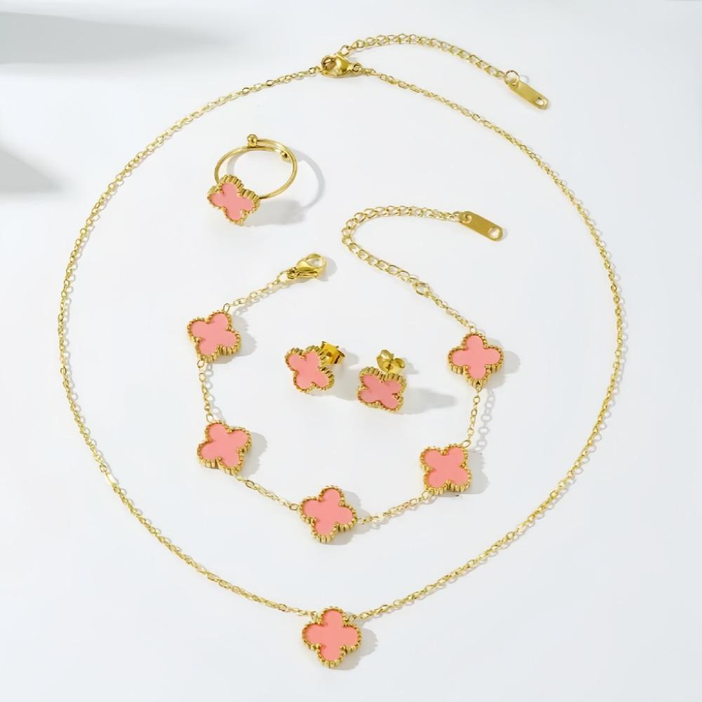 13mm Trendy Four-Leaf Clover Set Titanium Steel Necklace Earrings Bracelet and Ring Set