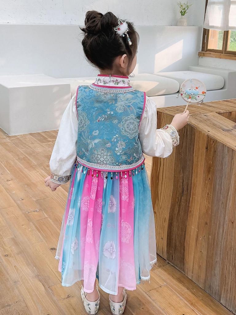 Girls' Spring & Autumn Hanfu Dress Set – Chinese Style Performance Costume for Children, Two-Piece Ethnic Outfit