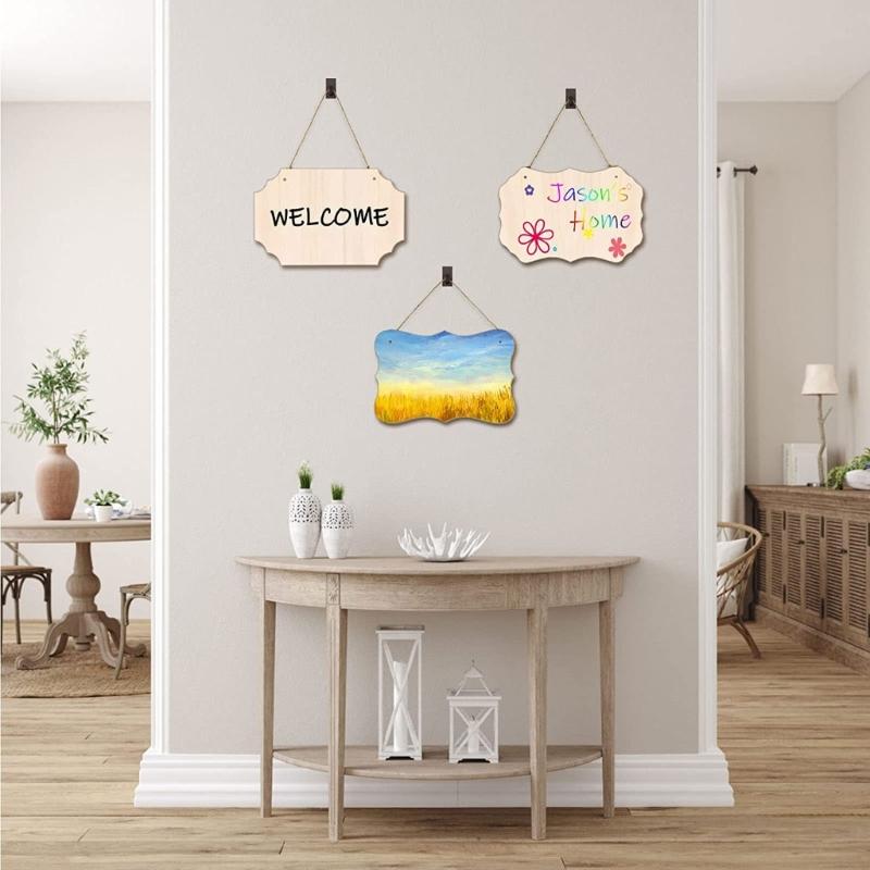 12Pieces Unfinished Wood Plaques with Rope Unfinished Hanging Wood Signs for Wood Burning DIY Painting Crafts 3 Designs