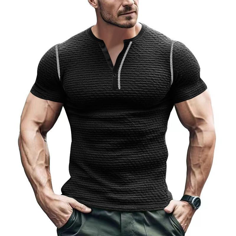 

Mens Casual Textured Henley Shirt Short Sleeve Button Down T Shirt With Stripes S чёрный