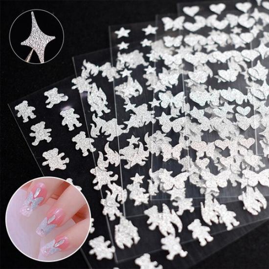 3D Nail Stickers Silver Glitter Nail Decoration Star Heart Transfer Nail Decals^