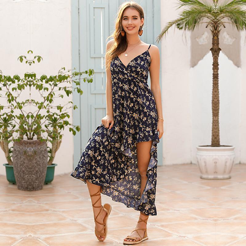 

YYFS женские модные летние повседневные платья без рукавов с цветочным узором и подтяжками с v-образным вырезом и высокой талией XL синий