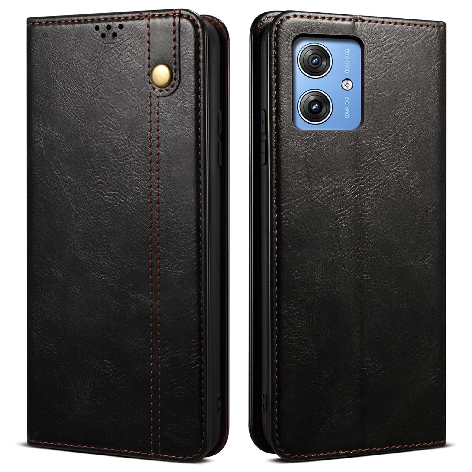 

For Motorola Moto G55 5G Case Crazy Horse Texture Waxy Leather Wallet Stand Phone Cover Black