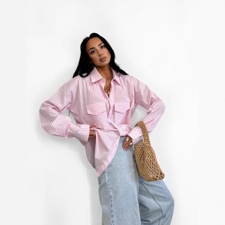 Hot Selling Summer/Spring Long Sleeve Striped Loose Shirt with Two Pockets