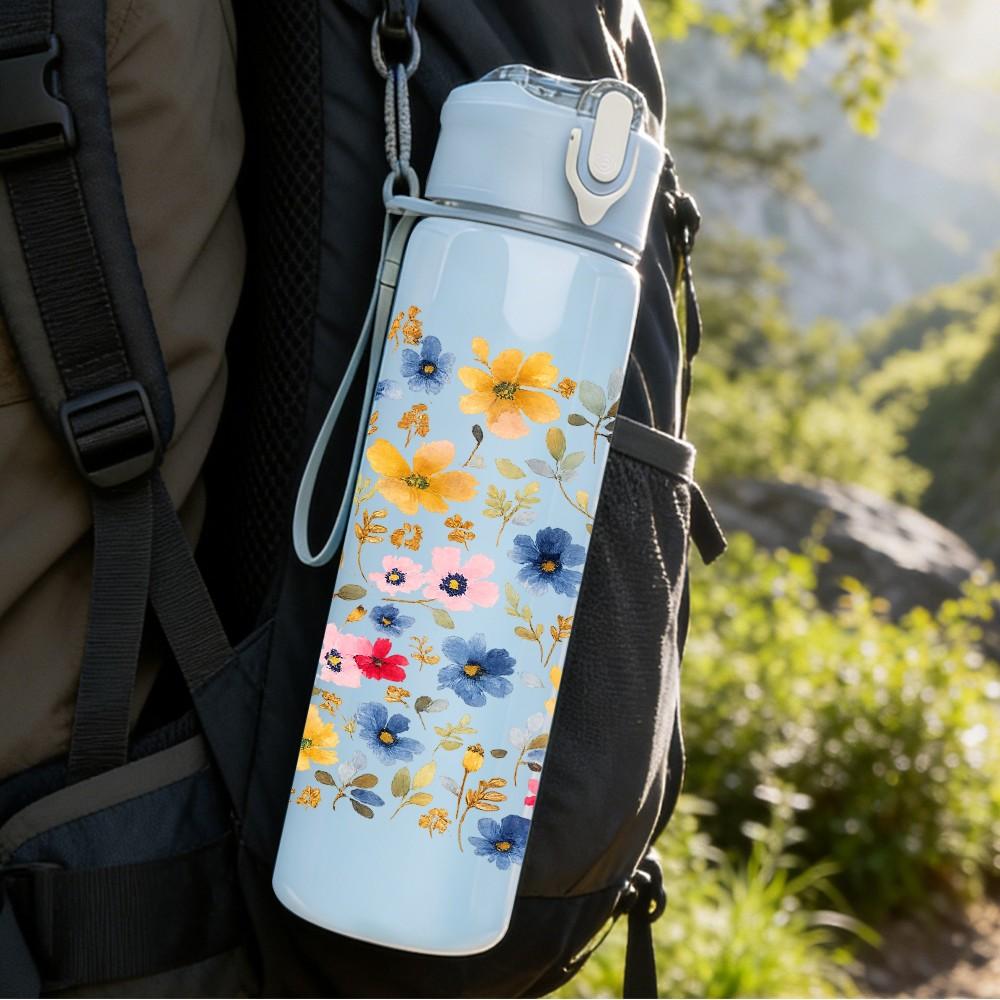 1PC Ditsy Summer Blossom 750ml Color Plastic Sports Water Bottle Leakproof Flip Straw Lid Suitable for Sports Office Home Use