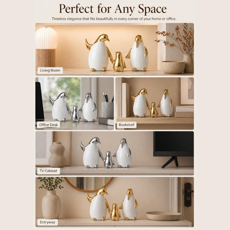 Elegant Ceramic Penguins Family Ornament 3Pcs Animal Sculpture Set Modern Home Office Decors