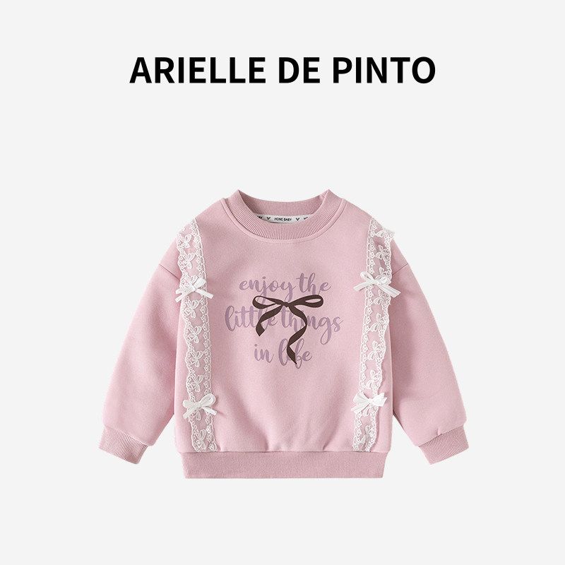 French Arielle De Pinto Girls  Spring and Autumn Round-Neck Sweatshirt, Fashionable Casual Cartoon Letter Sweatshirt Pink 110