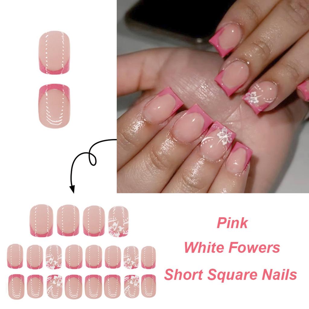 24PCS French Short Square Press On Nails Lightweight & Easy To Stick False Nails for Women Nail Art Decoration