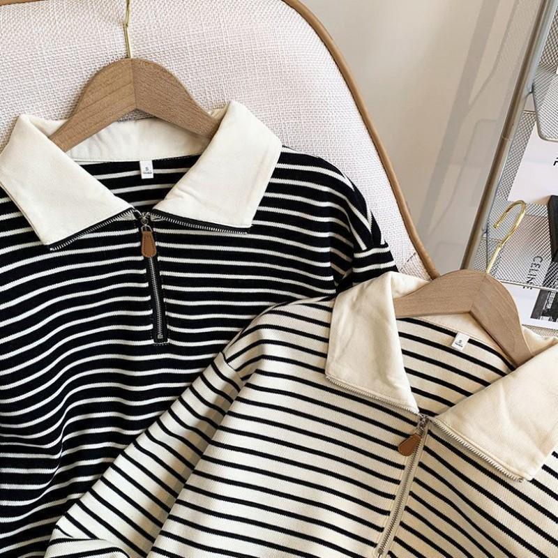 Womens Oversized Polo Collar Striped Zip-Up Sweatshirt Long Sleeve Casual Top Fall
