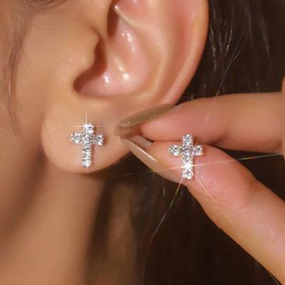 Silver Color Mini Imitation Rhinestone Cross Stud Earrings for Women Imitation Zircon Earring Jewelry Accessories