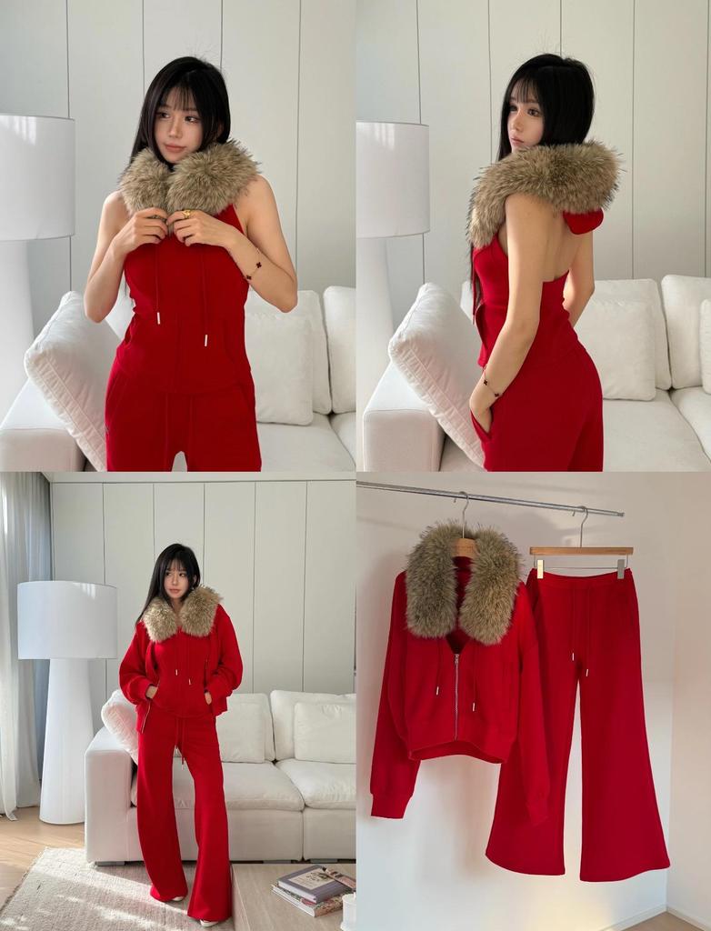 Niche Design 25 A/W New Three-Piece Set: Detachable Fur Collar Hoodie, Top Vest, and Bell Bottom Sweatpants.